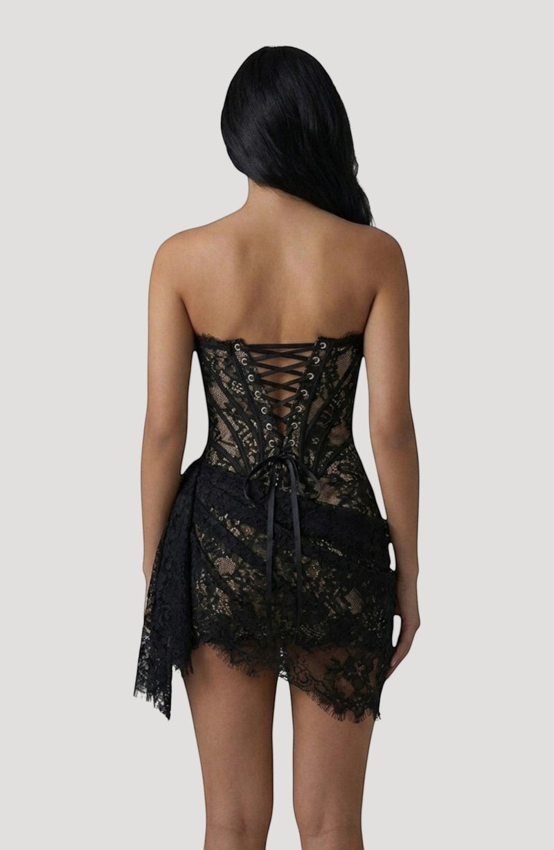 LORVENES black lace corset dress with lace-up back and asymmetric hem, perfect for formal evenings.