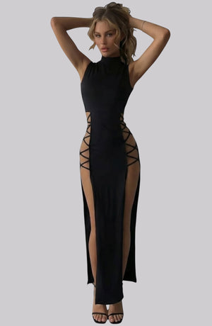 LORVENE black sleeveless mock neck maxi dress with lace-up cutouts on the sides and high slits.