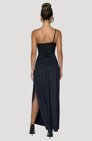 LORVENES black ruched one-shoulder maxi dress with a high slit, perfect for formal evenings.