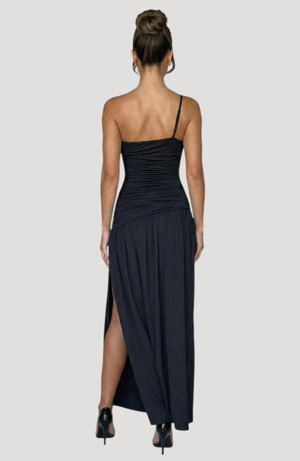 LORVENES black ruched one-shoulder maxi dress with a high slit, perfect for formal evenings.