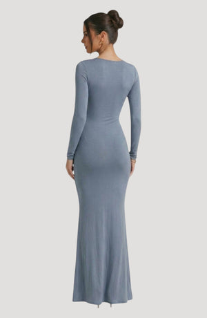 LORVENES blue long-sleeve maxi dress with a flattering fit and subtle sheen, perfect for evening wear.