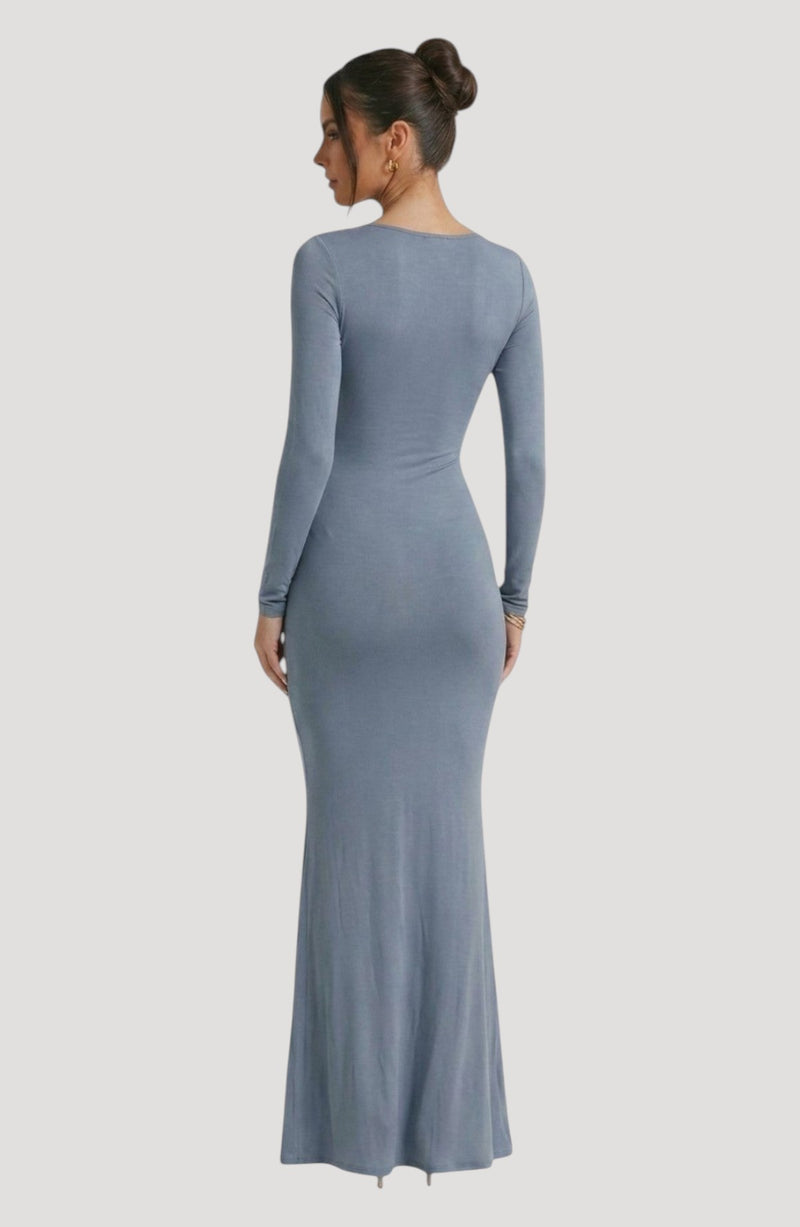 LORVENES blue long-sleeve maxi dress with a flattering fit and subtle sheen, perfect for evening wear.