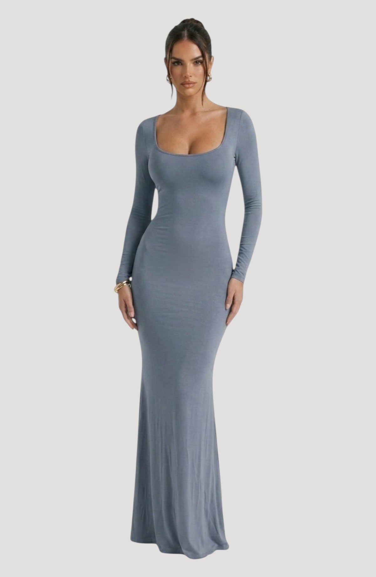 LORVENE blue long sleeve maxi dress with a flattering fit and square neckline, designed for evening wear.
