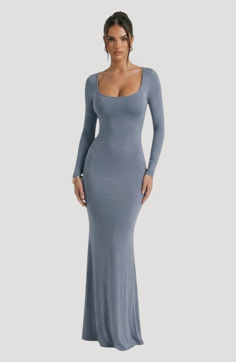 LORVENE blue long sleeve maxi dress with a flattering fit and square neckline, designed for evening wear.