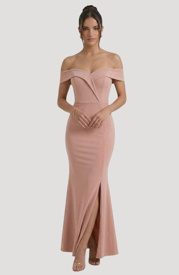 LORVENES Curve Flow Maxi blush pink off-the-shoulder formal gown with a sweetheart neckline and thigh-high slit.