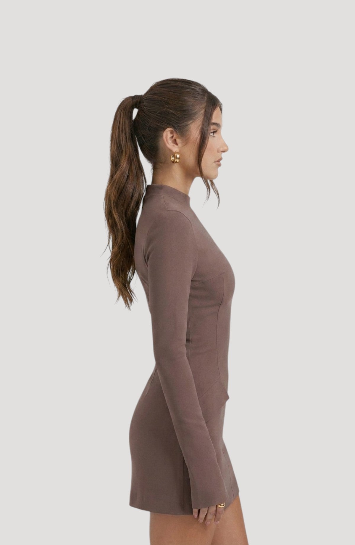 LORVENES brown long-sleeve mock neck mini dress with flattering seams and a comfortable fit.