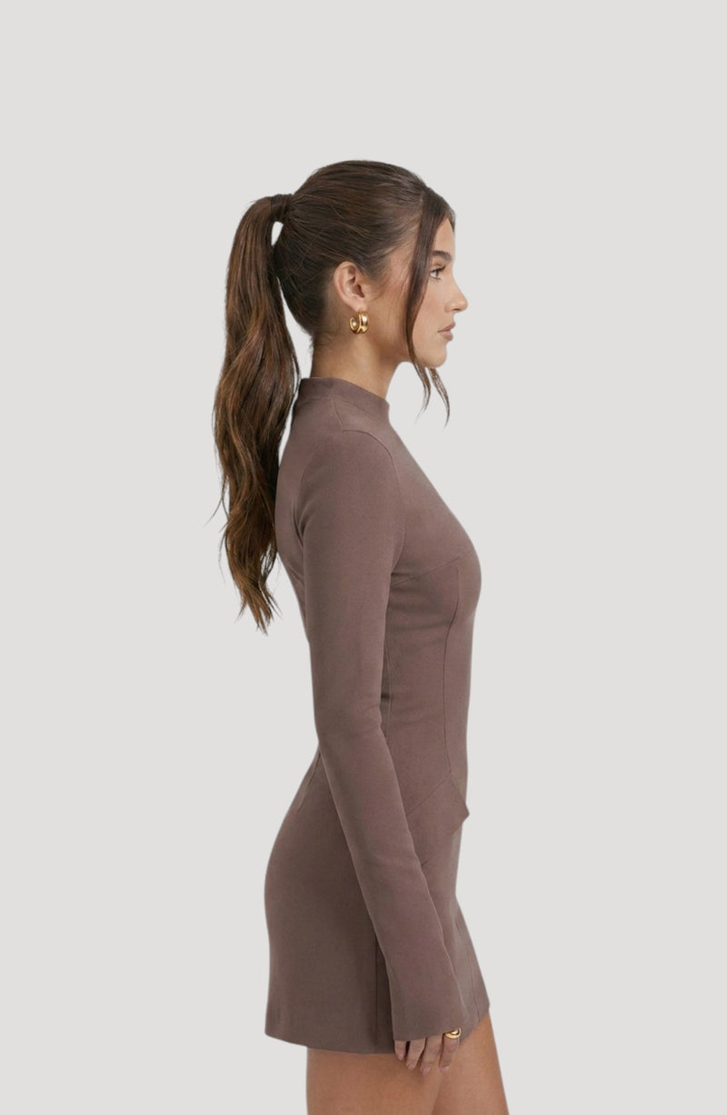 LORVENES brown long-sleeve mock neck mini dress with flattering seams and a comfortable fit.