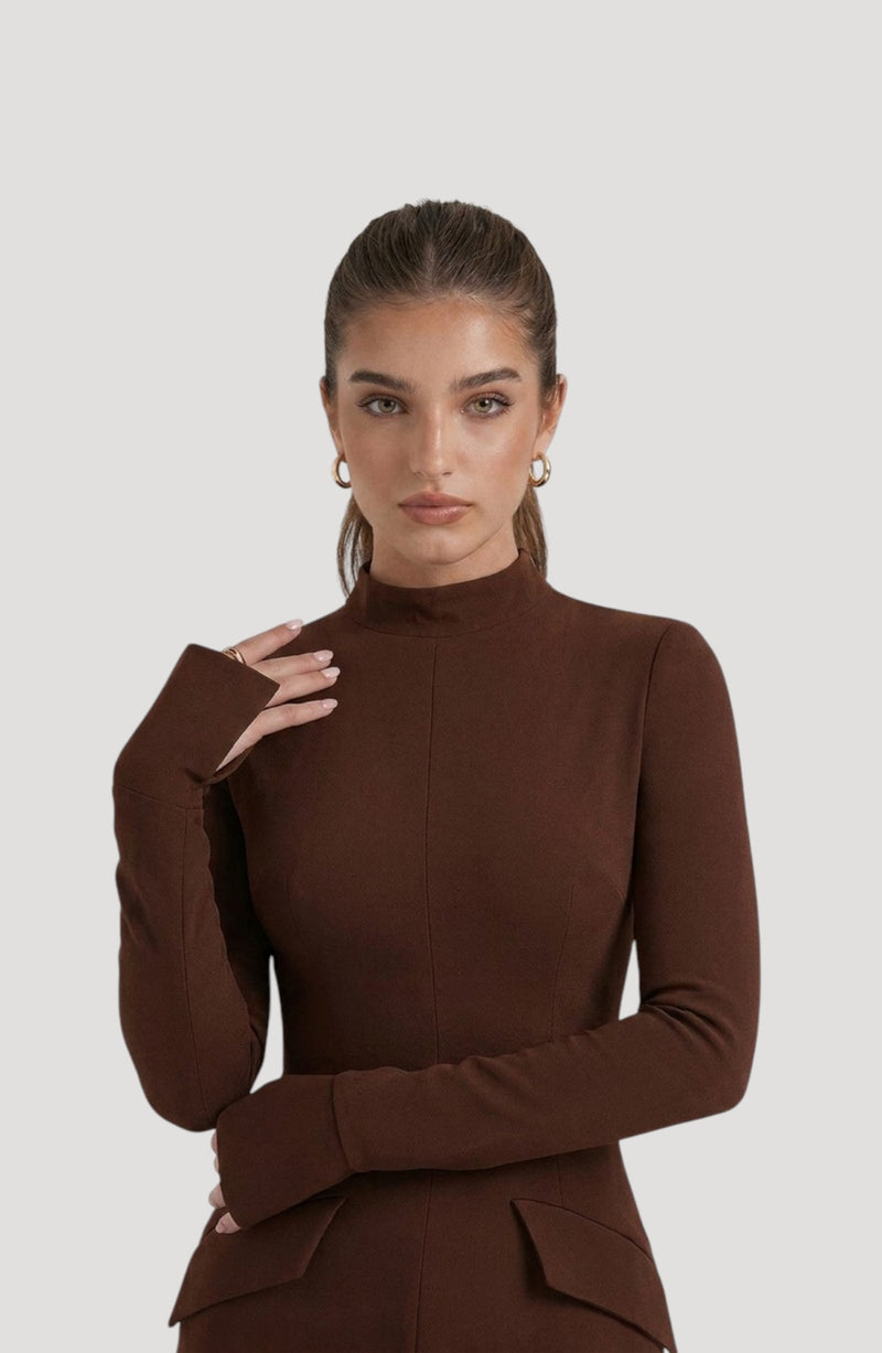 LORVENES brown long-sleeve mock neck mini dress with flattering fit and subtle shimmer details.