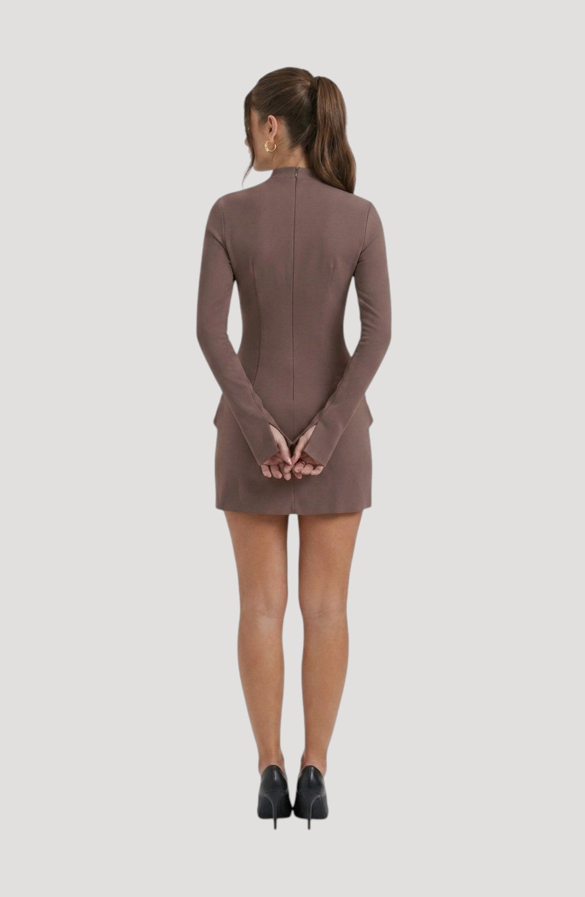LORVENES brown long-sleeve mini dress with a flattering fit and a high neckline. Perfect for parties.
