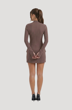 LORVENES brown long-sleeve mini dress with a flattering fit and a high neckline. Perfect for parties.