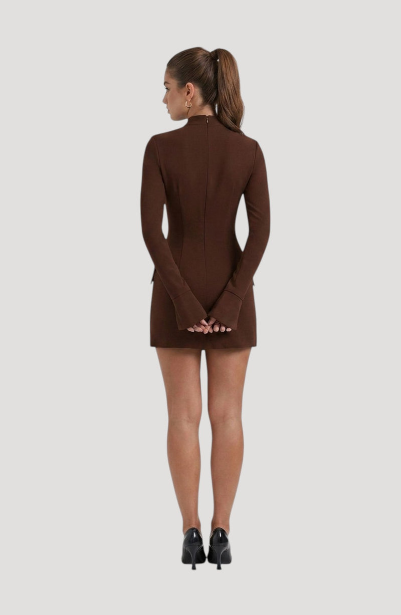 LORVENES brown long-sleeve mini dress with a high neckline and subtle sheen, perfect for parties.