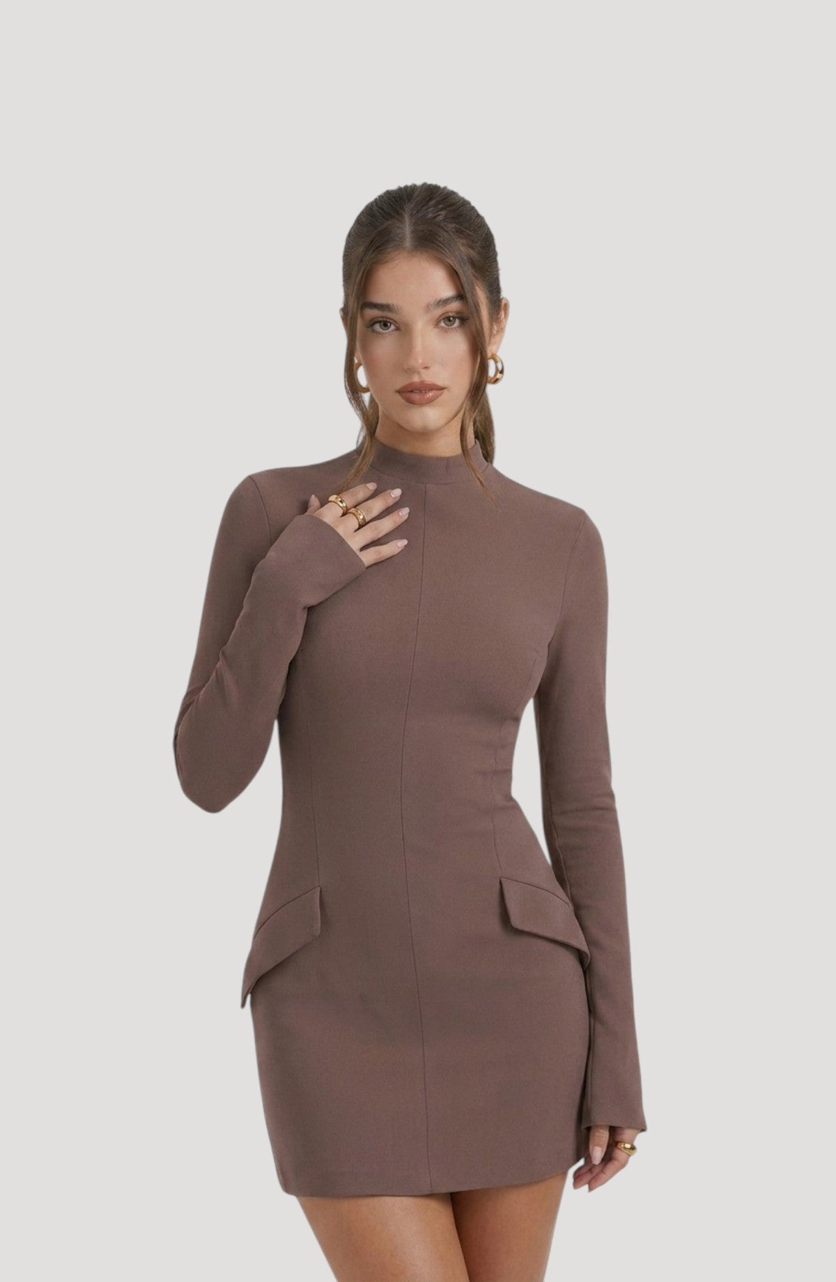 LORVENES brown long-sleeve mini dress with mock neck and flap pockets, designed for parties.
