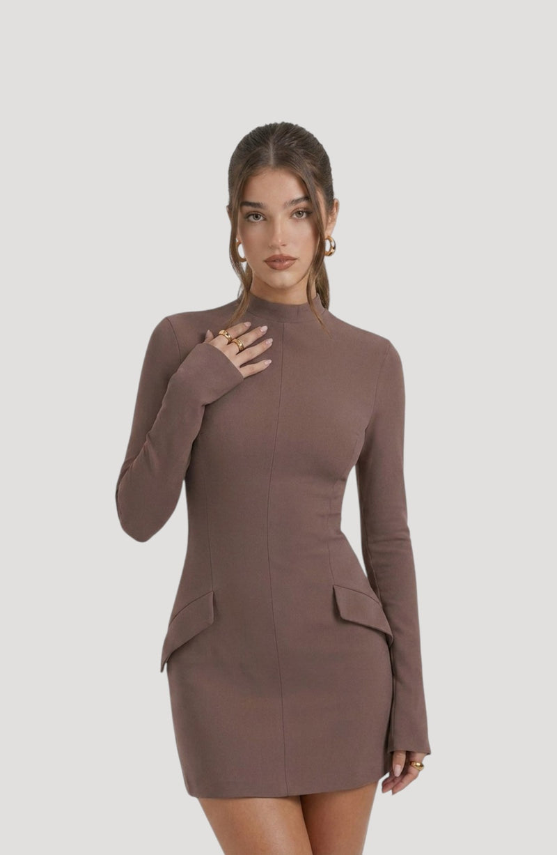 LORVENES brown long-sleeve mini dress with mock neck and flap pockets, designed for parties.