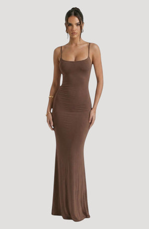 LORVENE brown slinky maxi dress with spaghetti straps and a square neckline, designed for evening wear.