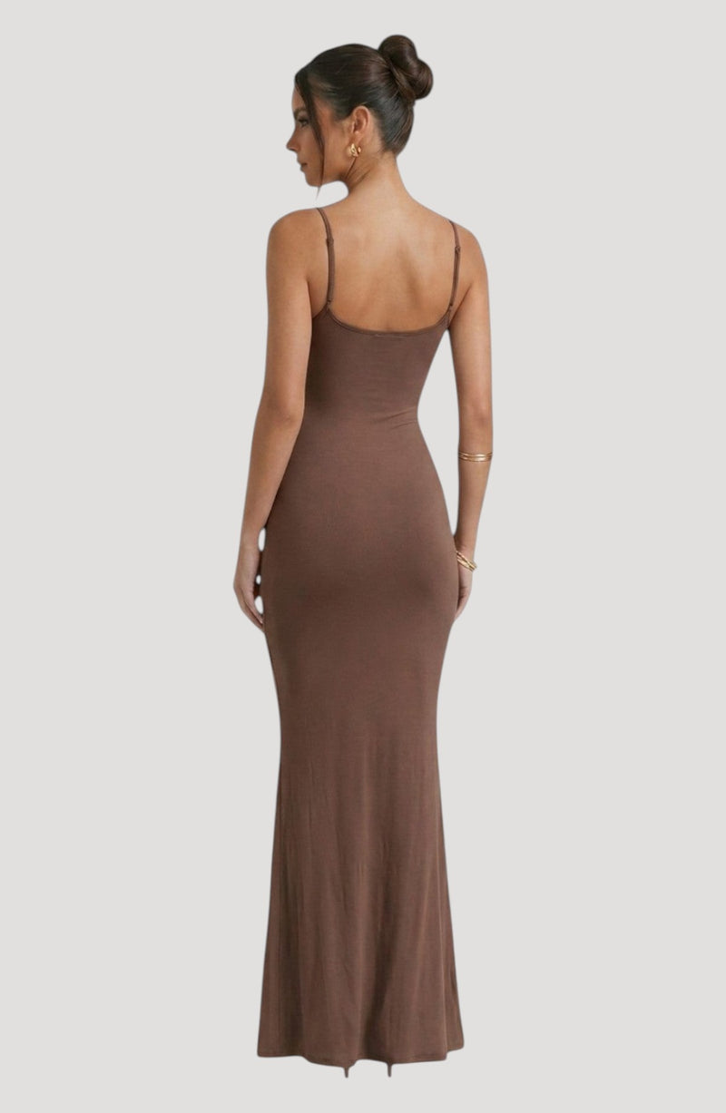 LORVENE brown slinky slip dress with spaghetti straps and a flattering maxi length, perfect for evening wear.