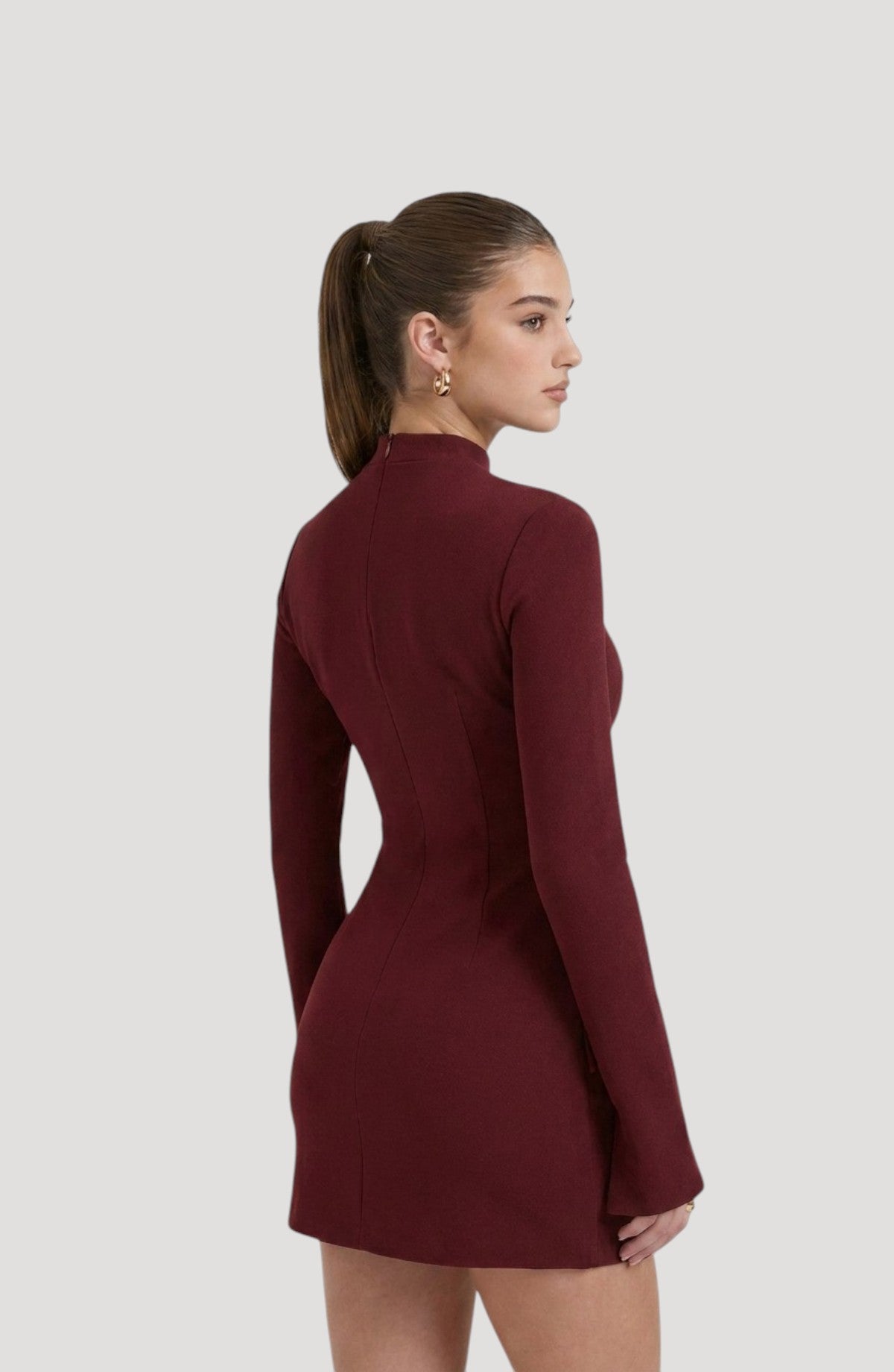 LORVENES burgundy long-sleeve mini dress with mock neck, flattering fit, and subtle shimmer. Perfect for parties.