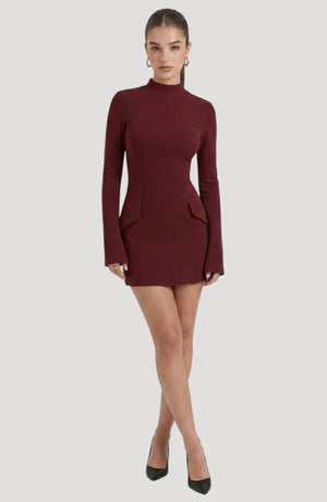 LORVENES burgundy long-sleeve mock neck mini dress with pocket details and a flattering fit.