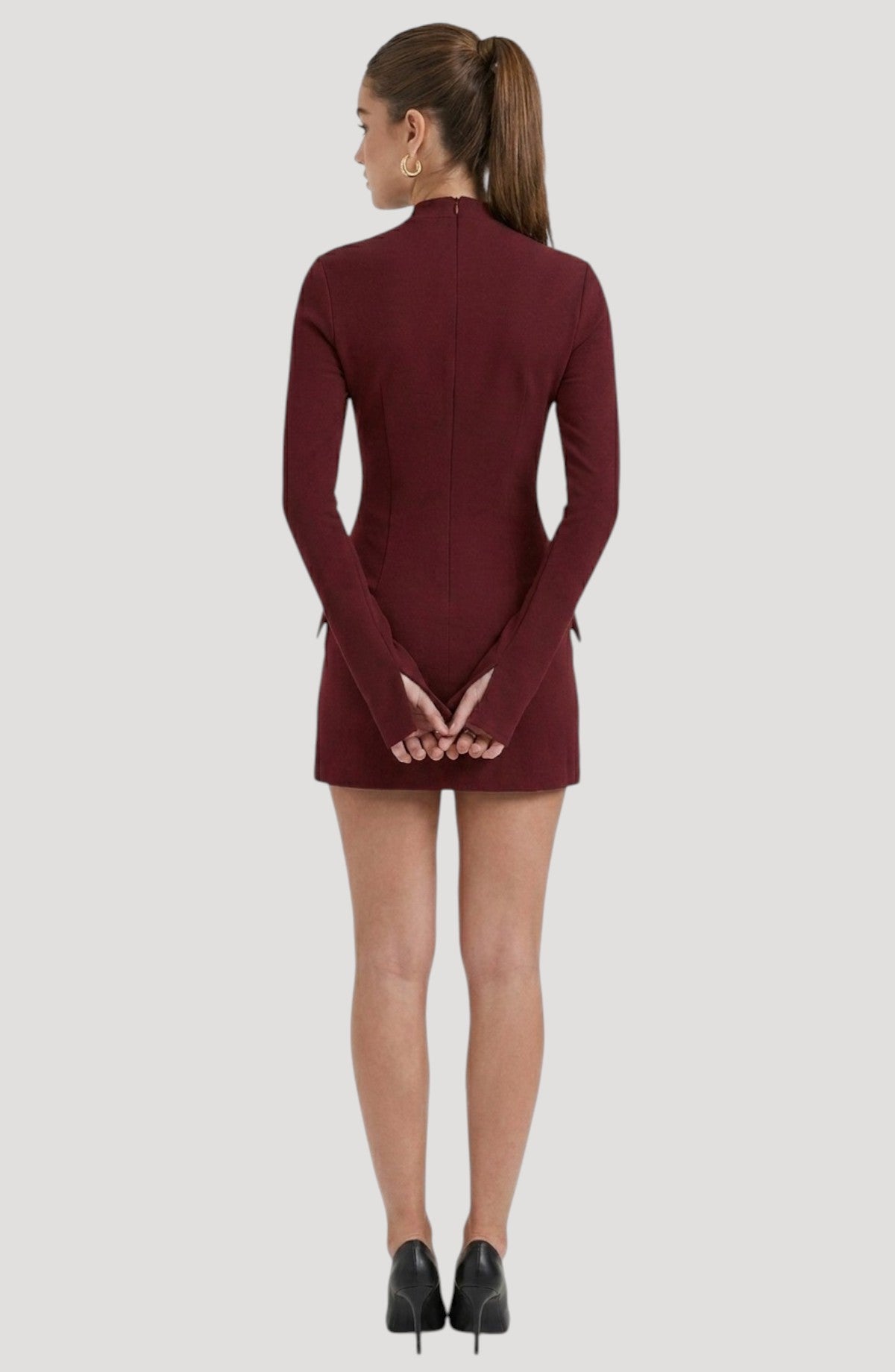 LORVENES burgundy long-sleeve mini dress with a high neckline and subtle shimmer, designed for parties.