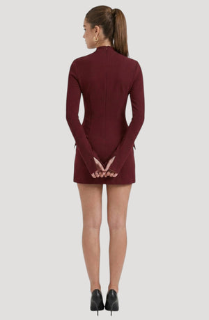 LORVENES burgundy long-sleeve mini dress with a high neckline and subtle shimmer, designed for parties.