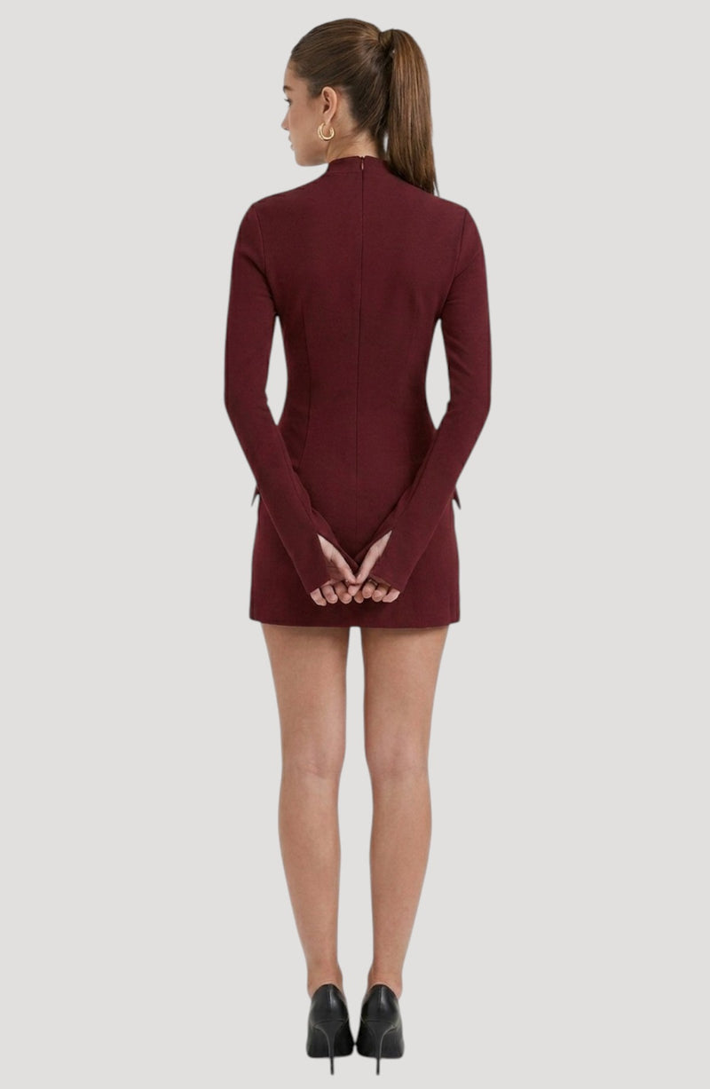 LORVENES burgundy long-sleeve mini dress with a high neckline and subtle shimmer, designed for parties.