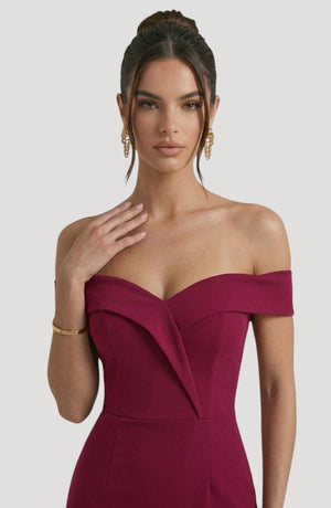 LORVENES Curve Flow Maxi off-the-shoulder dress in deep berry. Elegant draped bodice, figure-flattering silhouette, perfect for formal events.