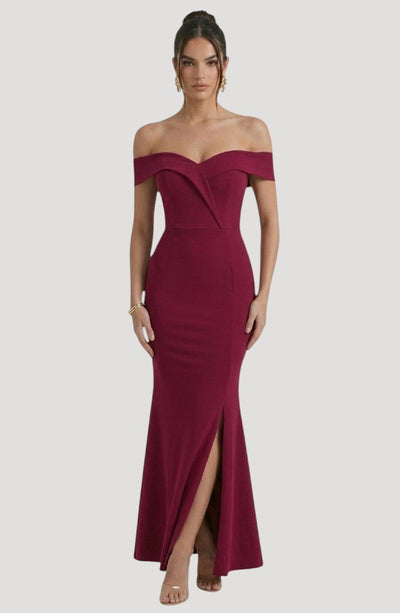 LORVENES Curve Flow Maxi off-the-shoulder dress in deep red with a thigh-high slit. Elegant formal evening gown.