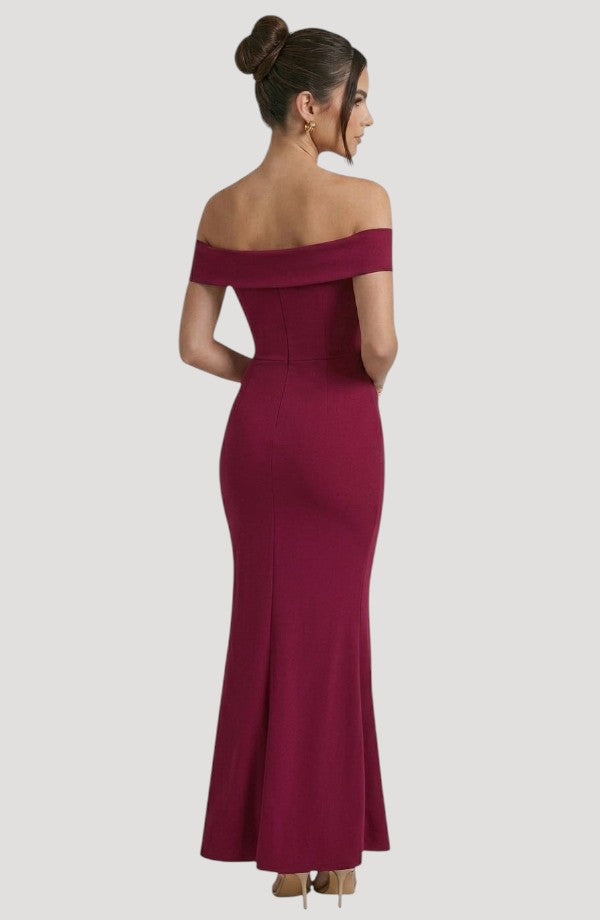 LORVENES Curve Flow Maxi off-the-shoulder formal gown in deep berry. Figure-flattering drape, elegant silhouette, and graceful hem.
