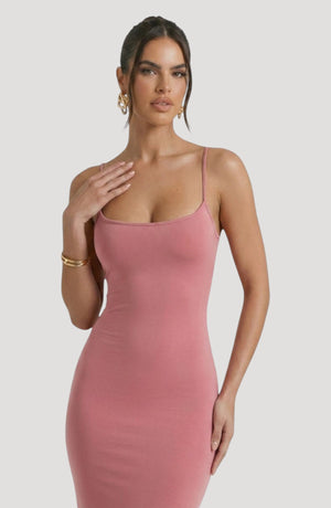 LORVENE Bold Shine Dress in dusty rose, a sleek midi dress with spaghetti straps and a flattering fit, perfect for evening wear.