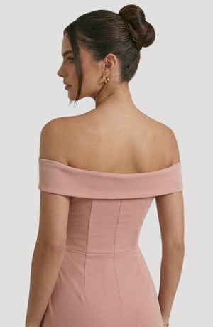 LORVENES dusty rose off-the-shoulder maxi dress with a draped bodice and elegant silhouette, perfect for formal events.