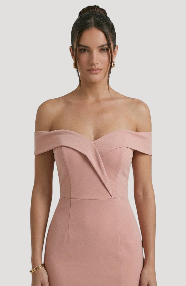 LORVENES dusty rose off-the-shoulder maxi dress with a draped neckline and figure-flattering silhouette.