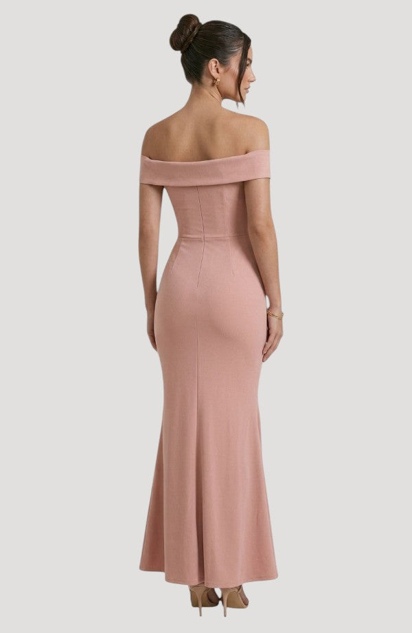 LORVENES Curve Flow Maxi off-the-shoulder dusty rose formal gown with a figure-flattering drape and flowing hem.