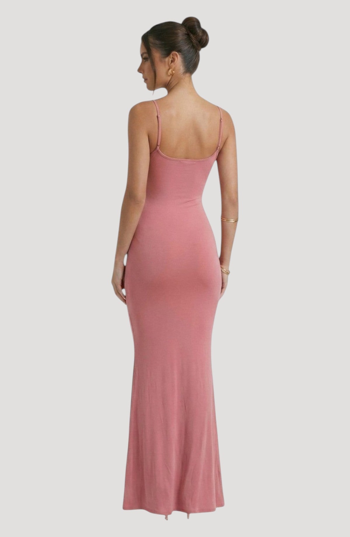 LORVENE Bold Shine Dress in dusty rose, a sleek, floor-length slip dress with thin straps and a flattering fit.