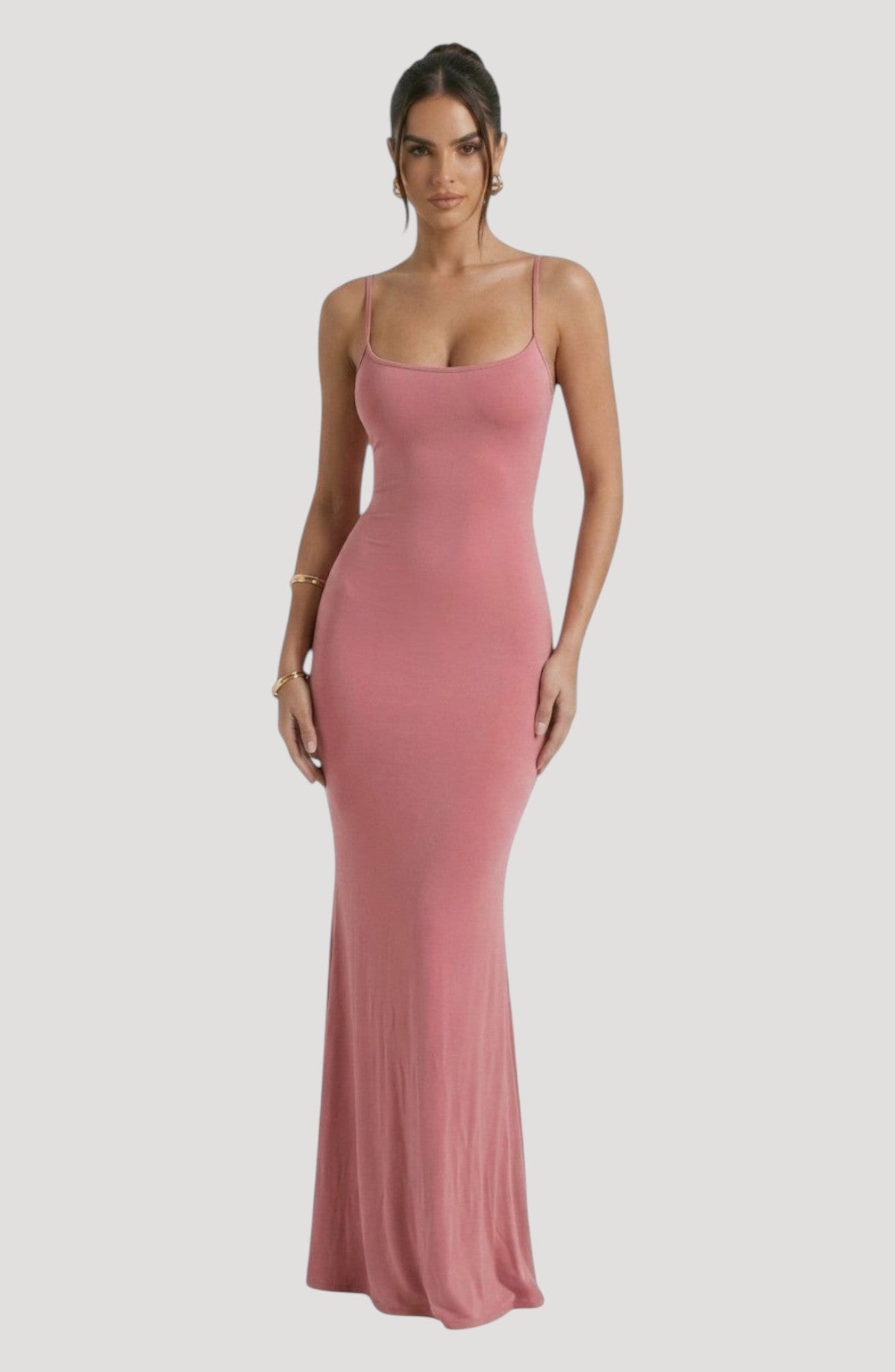 LORVENE Bold Shine Dress in dusty rose, a floor-length spaghetti strap dress with a flattering fit and subtle sheen.