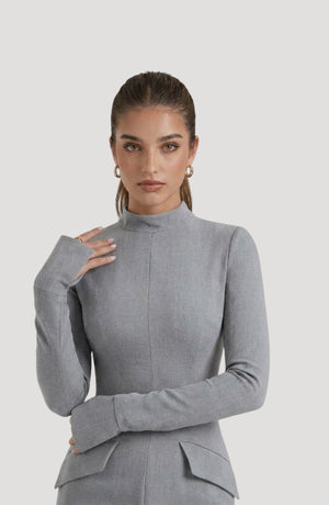 LORVENES grey long-sleeve mock neck mini dress with flattering fit and subtle shimmer detail.