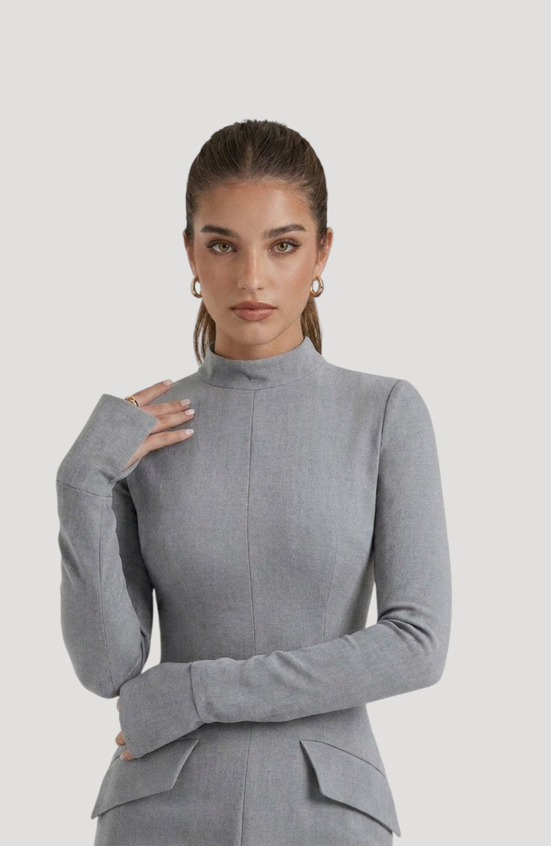 LORVENES grey long-sleeve mock neck mini dress with flattering fit and subtle shimmer detail.