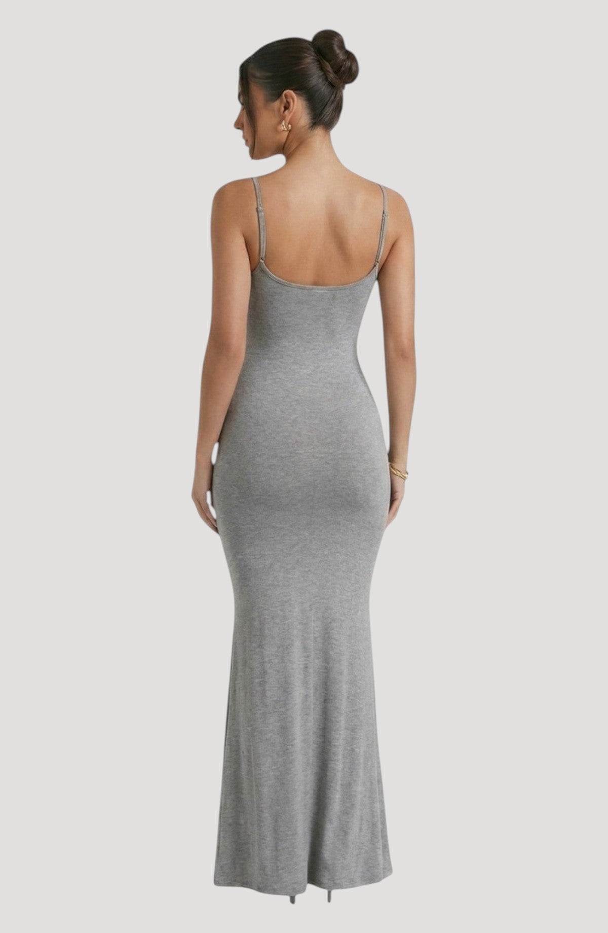LORVENE grey jersey slip dress with spaghetti straps and a flattering, body-hugging silhouette.