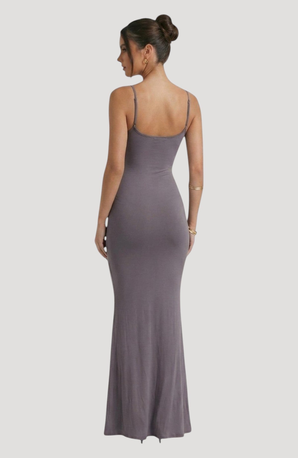 LORVENE grey slip dress with spaghetti straps and a flattering, body-hugging silhouette. Midi length.