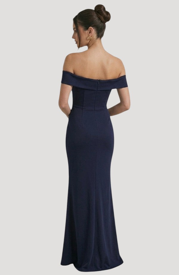 LORVENES navy blue off-the-shoulder maxi dress with a figure-flattering drape and elegant silhouette.