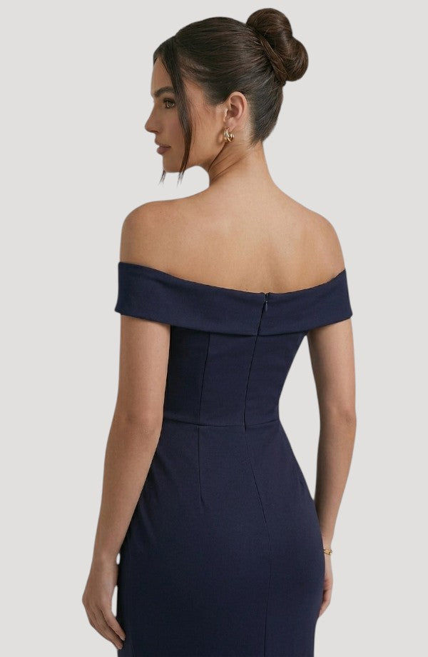LORVENES navy blue off-the-shoulder maxi dress with a figure-flattering drape, perfect for formal evenings.