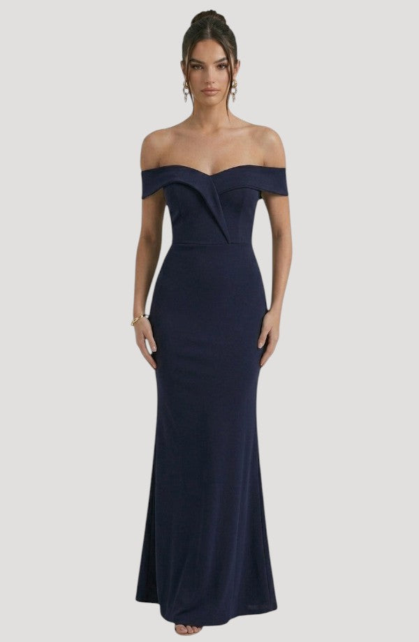 LORVENES navy blue off-the-shoulder maxi dress with a draped neckline and figure-flattering silhouette.