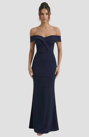 LORVENES navy blue off-the-shoulder maxi dress with a draped neckline and figure-flattering silhouette.
