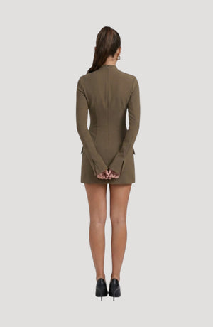 LORVENES olive green long-sleeve mini blazer dress with pocket details and a high neckline.
