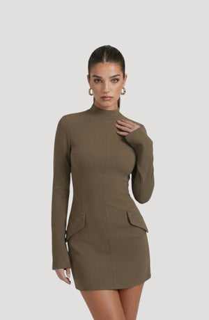 LORVENES olive green long-sleeve mock neck mini dress with flap pockets and a flattering fit.