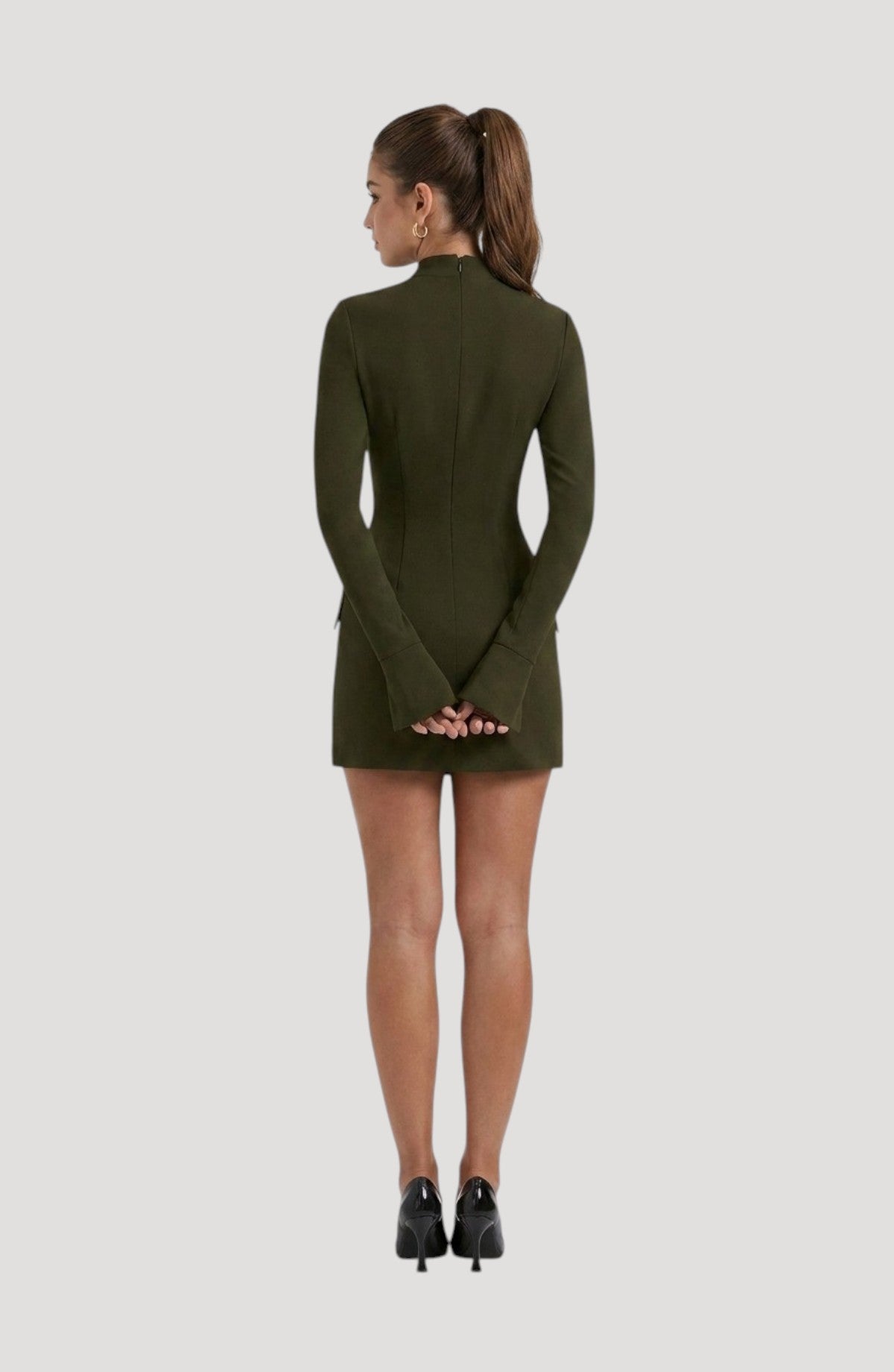LORVENES olive green long-sleeve mini dress with a high neckline and flattering fit, perfect for parties.