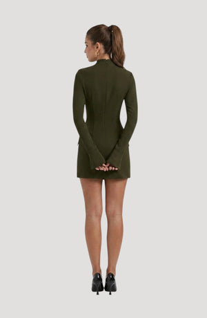 LORVENES olive green long-sleeve mini dress with a high neckline and flattering fit, perfect for parties.