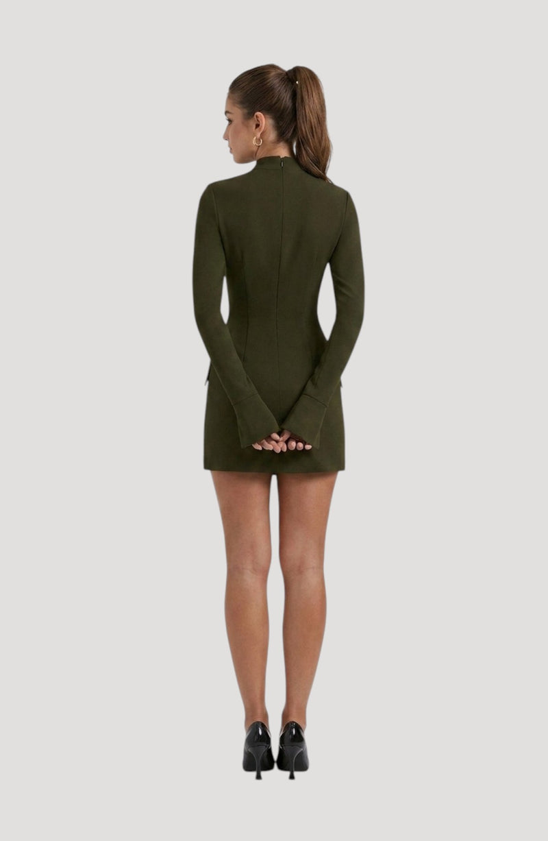 LORVENES olive green long-sleeve mini dress with a high neckline and flattering fit, perfect for parties.