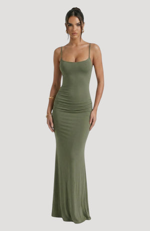 LORVENES olive green spaghetti strap maxi dress with ruched detailing and a flattering fit, perfect for evening wear.