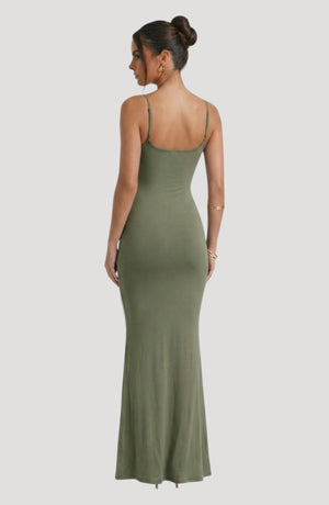 LORVENE olive green spaghetti strap maxi dress with a flattering fit and subtle sheen, perfect for evening wear.