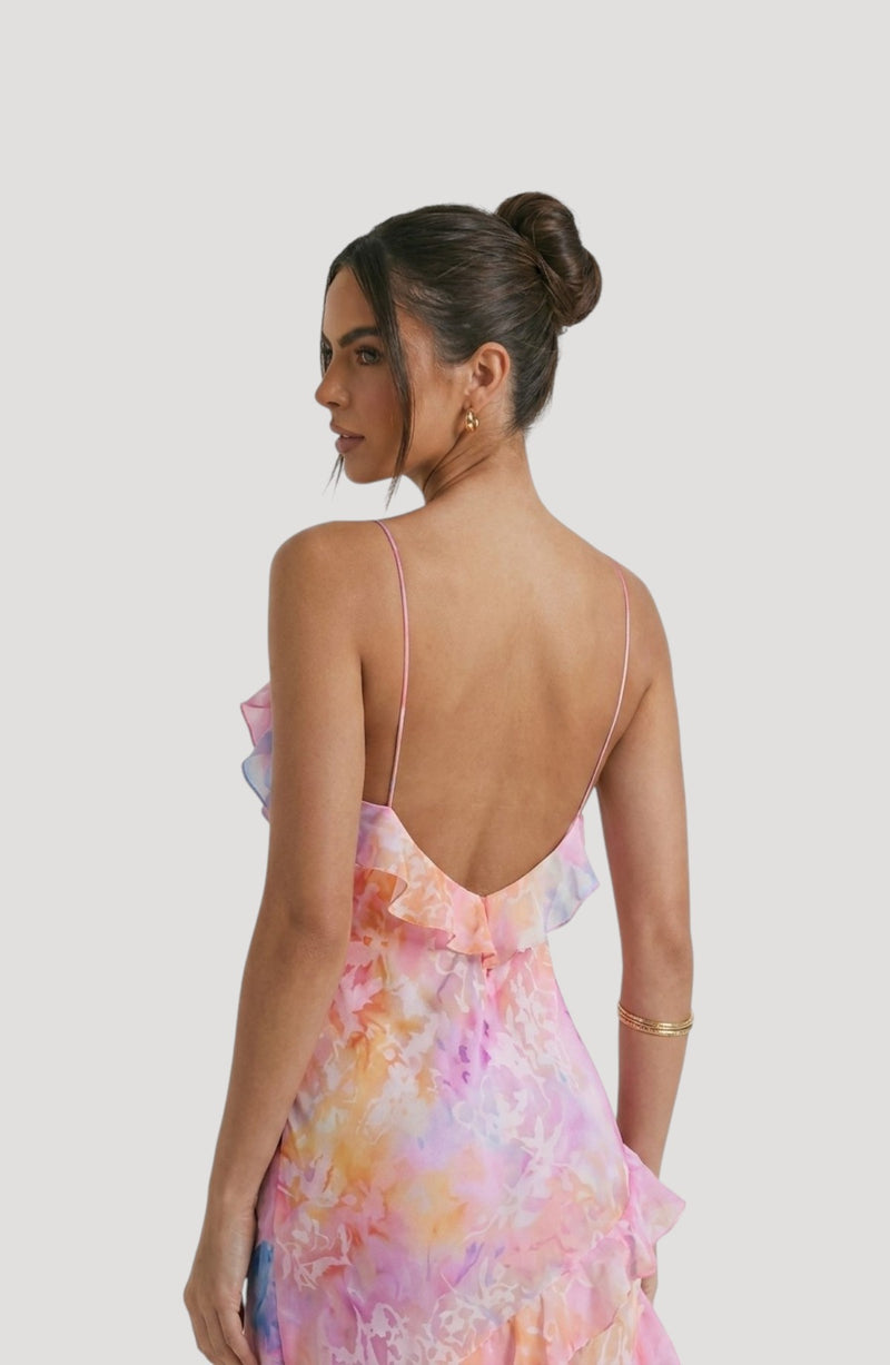 LORVENES pastel tie-dye satin slip dress with ruffle trim and spaghetti straps, perfect for parties.