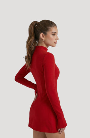 LORVENES red long-sleeve mock neck mini dress with a flattering fit and subtle shimmer detail.